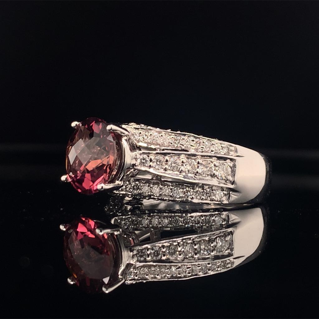 Round Cut Diamond Tourmaline Rubellite Ring 7.25 14k Gold 3.65 Carat Women Certified For Sale
