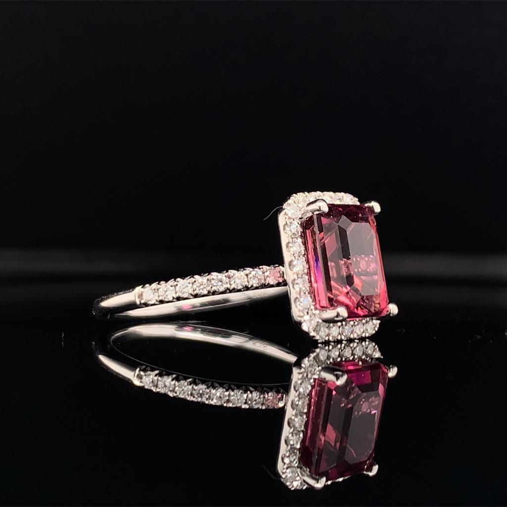 Emerald Cut Diamond Tourmaline Rubellite Ring 6.5 18k Gold 3.11 TCW Certified For Sale