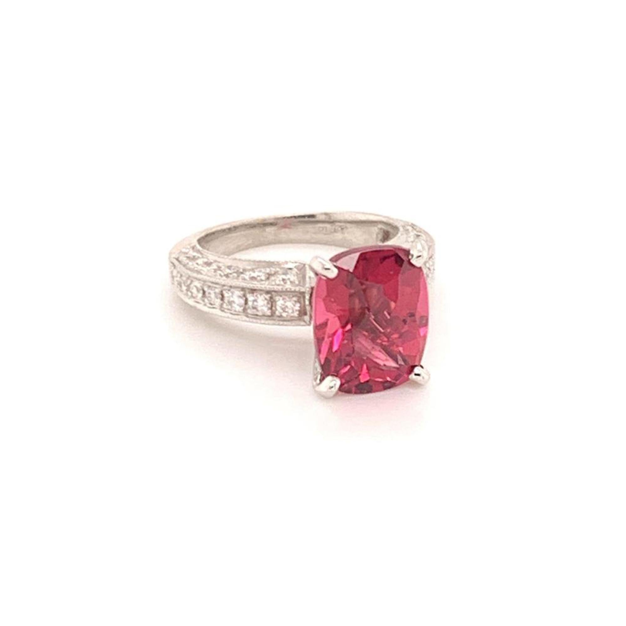 Diamond Tourmaline Rubellite Ring 3 Platinum 3.72 TCW Certified In New Condition For Sale In Brooklyn, NY