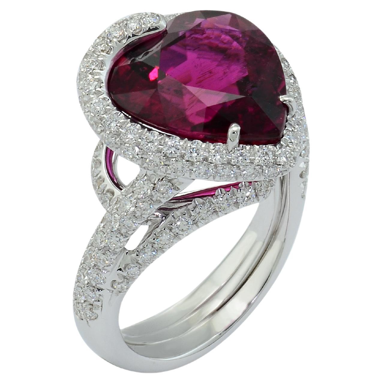  Rubellite Tourmaline  Diamond 18 KT White Gold Unique Heart Ring For Sale