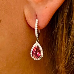 Diamond Rubellite Tourmaline Drop Earrings 18k W Gold 2.93 TCW Certified