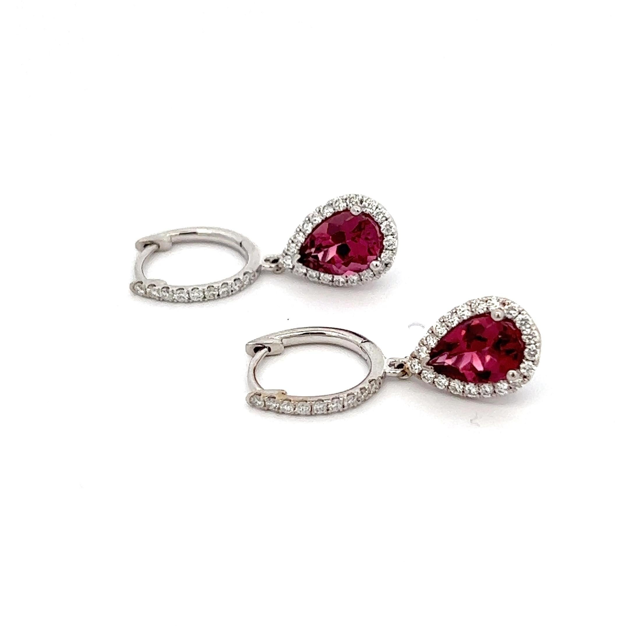 Diamond Rubellite Tourmaline Drop Earrings 18k W Gold 2.93 TCW Certified In New Condition For Sale In Brooklyn, NY
