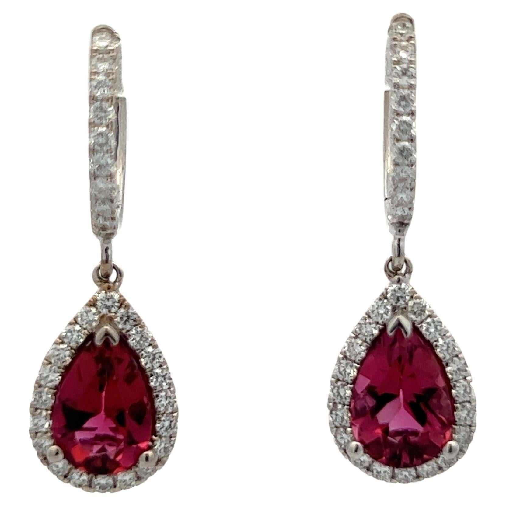 Diamond Rubellite Tourmaline Drop Earrings 18k W Gold 2.93 TCW Certified