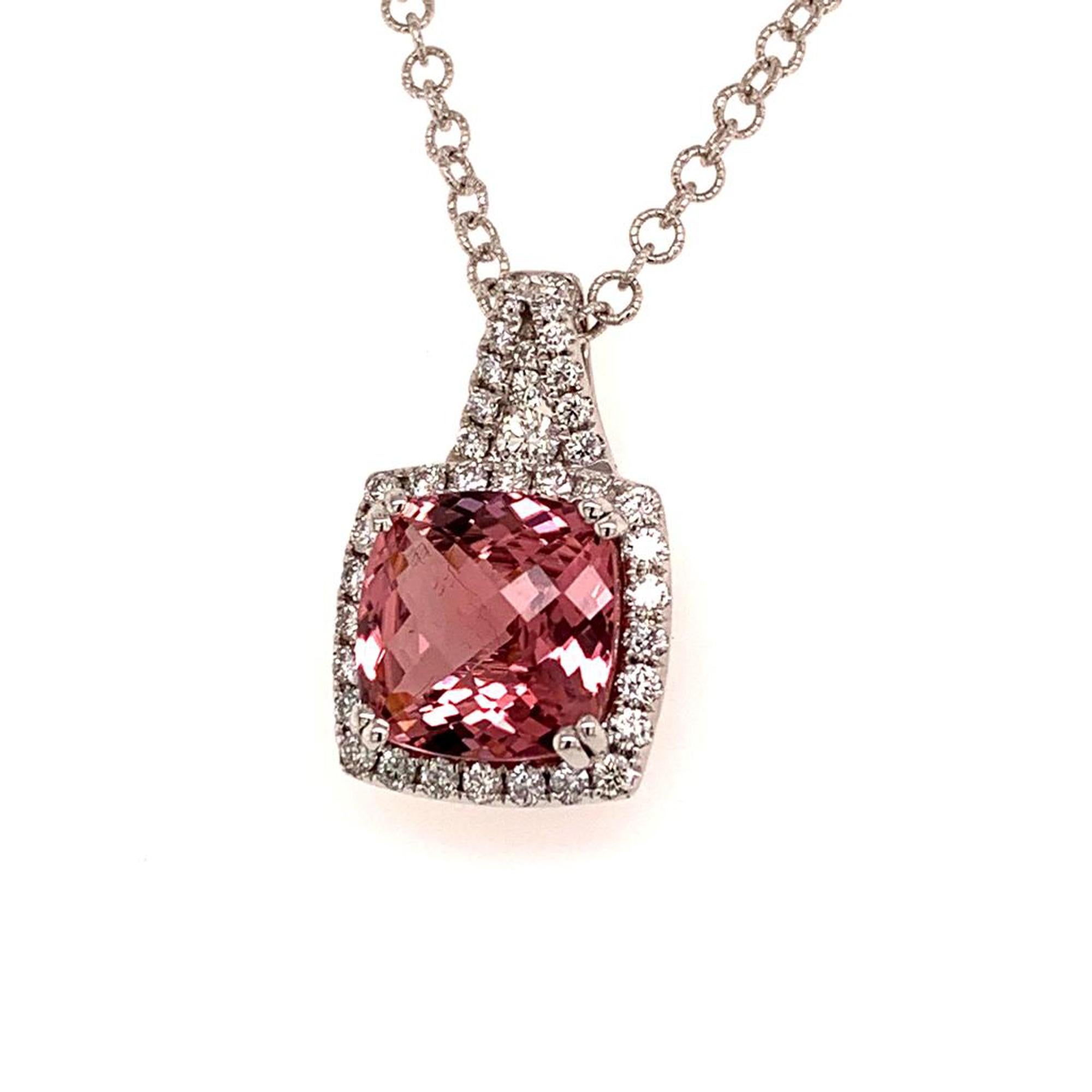 Round Cut Diamond Rubellite Tourmaline Necklace 5.47 TCW 18k Gold Certified For Sale