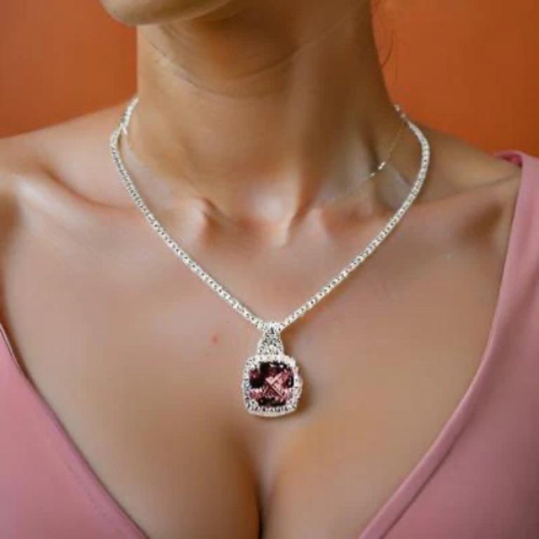 Modern Diamond Rubellite Tourmaline Necklace 5.47 TCW 18k Gold Certified For Sale