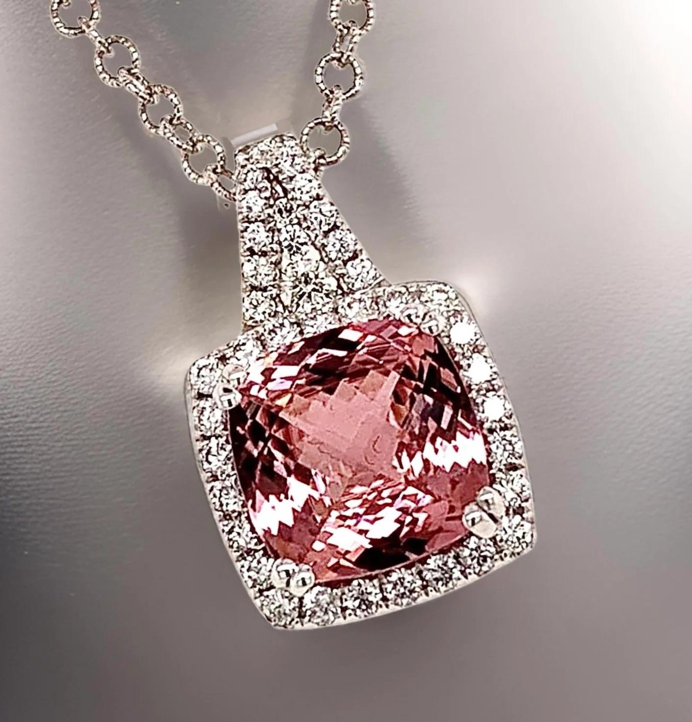 Round Cut Diamond Rubellite Tourmaline Necklace 5.47 TCW 18k Gold Certified For Sale