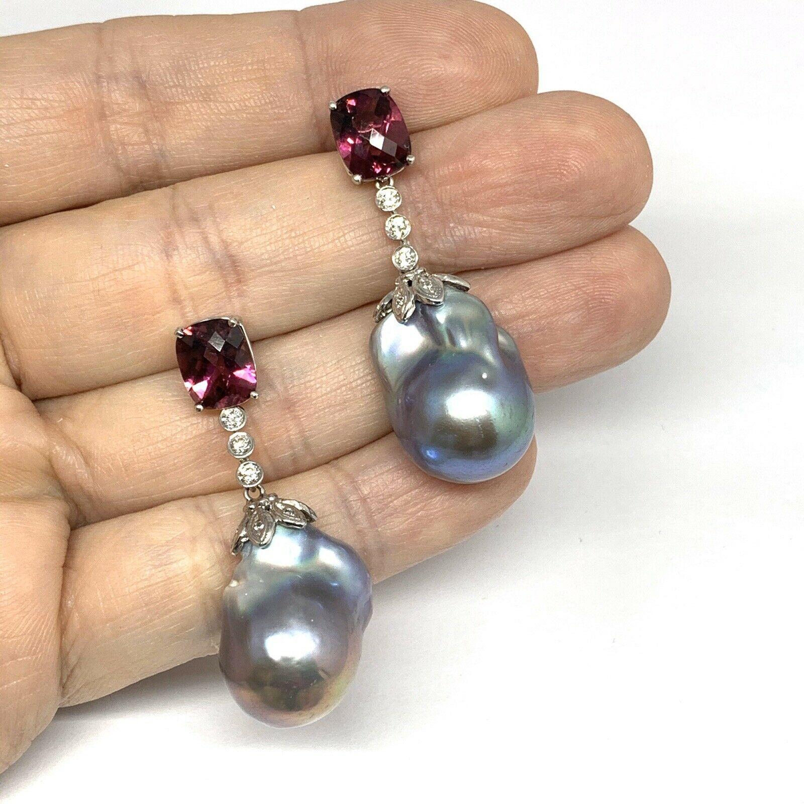 Diamond Rubellite Tourmaline Pearl Earrings 18k Gold 6.25 TCW Certified In New Condition For Sale In Brooklyn, NY