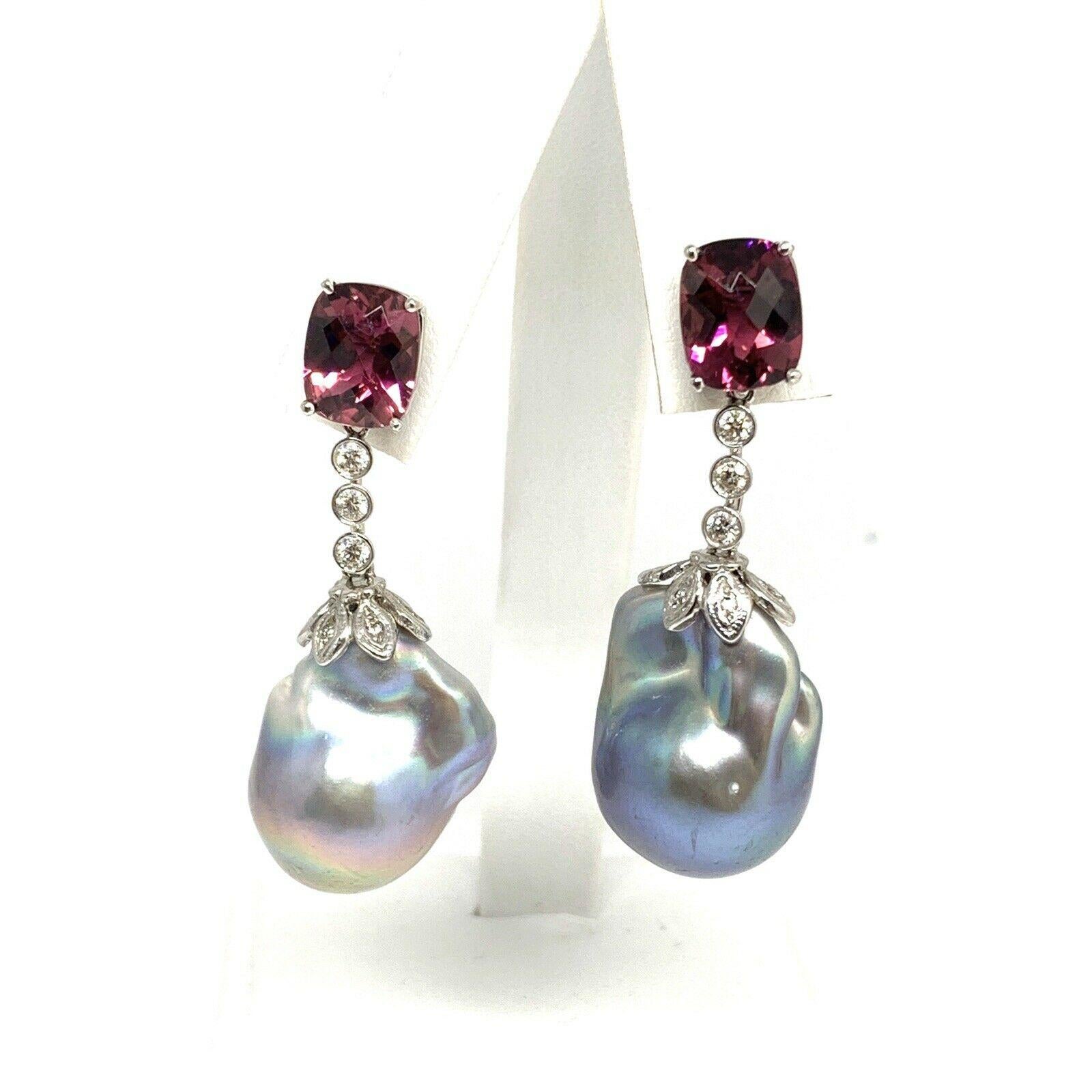 Diamond Rubellite Tourmaline Pearl Earrings 18k Gold 6.25 TCW Certified For Sale 2
