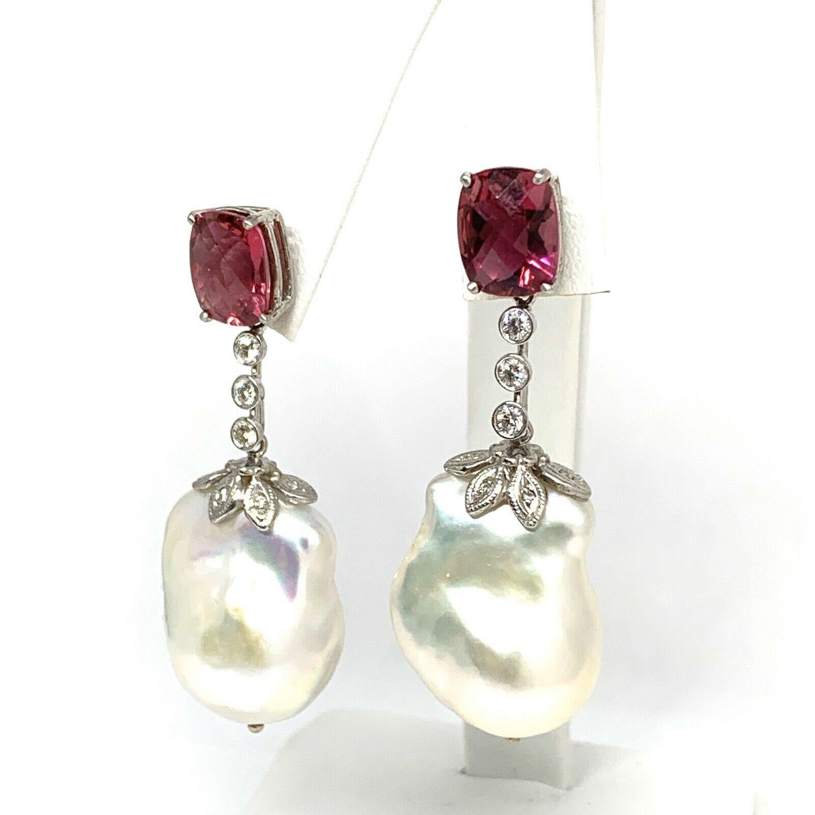 Diamond Rubellite Tourmaline Pearl Earrings 18k Gold 6.25 TCW Certified In New Condition For Sale In Brooklyn, NY