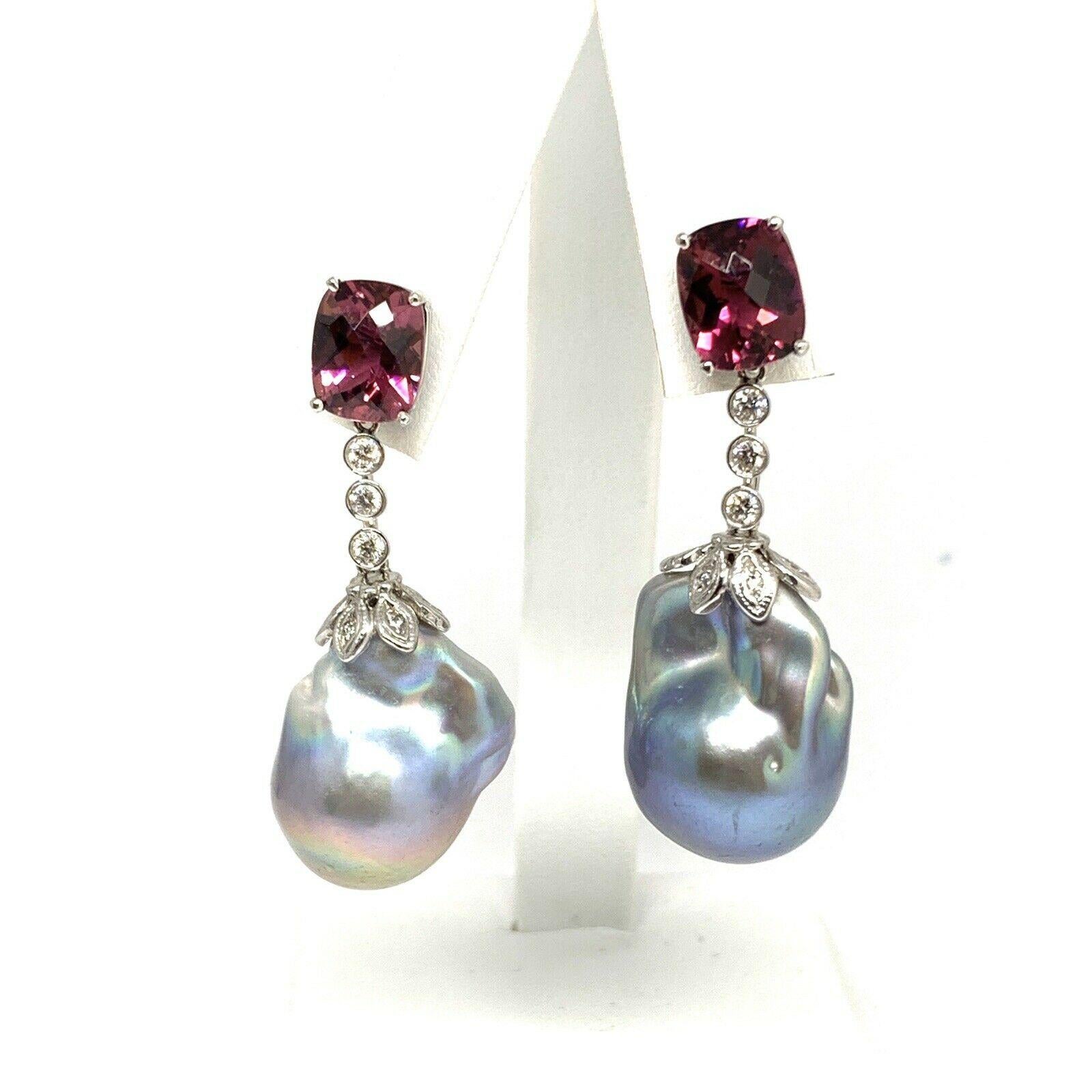 Women's Diamond Rubellite Tourmaline Pearl Earrings 18k Gold 6.25 TCW Certified For Sale