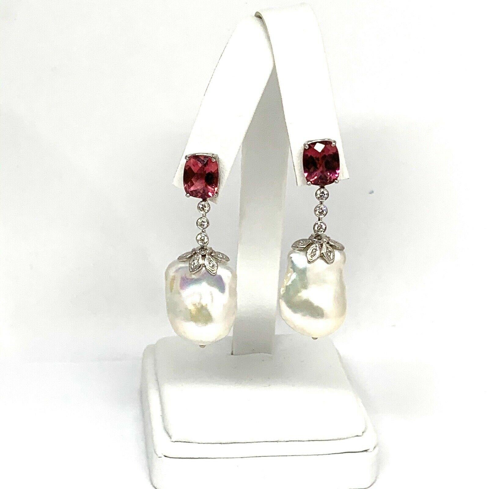 Women's Diamond Rubellite Tourmaline Pearl Earrings 18k Gold 6.25 TCW Certified For Sale