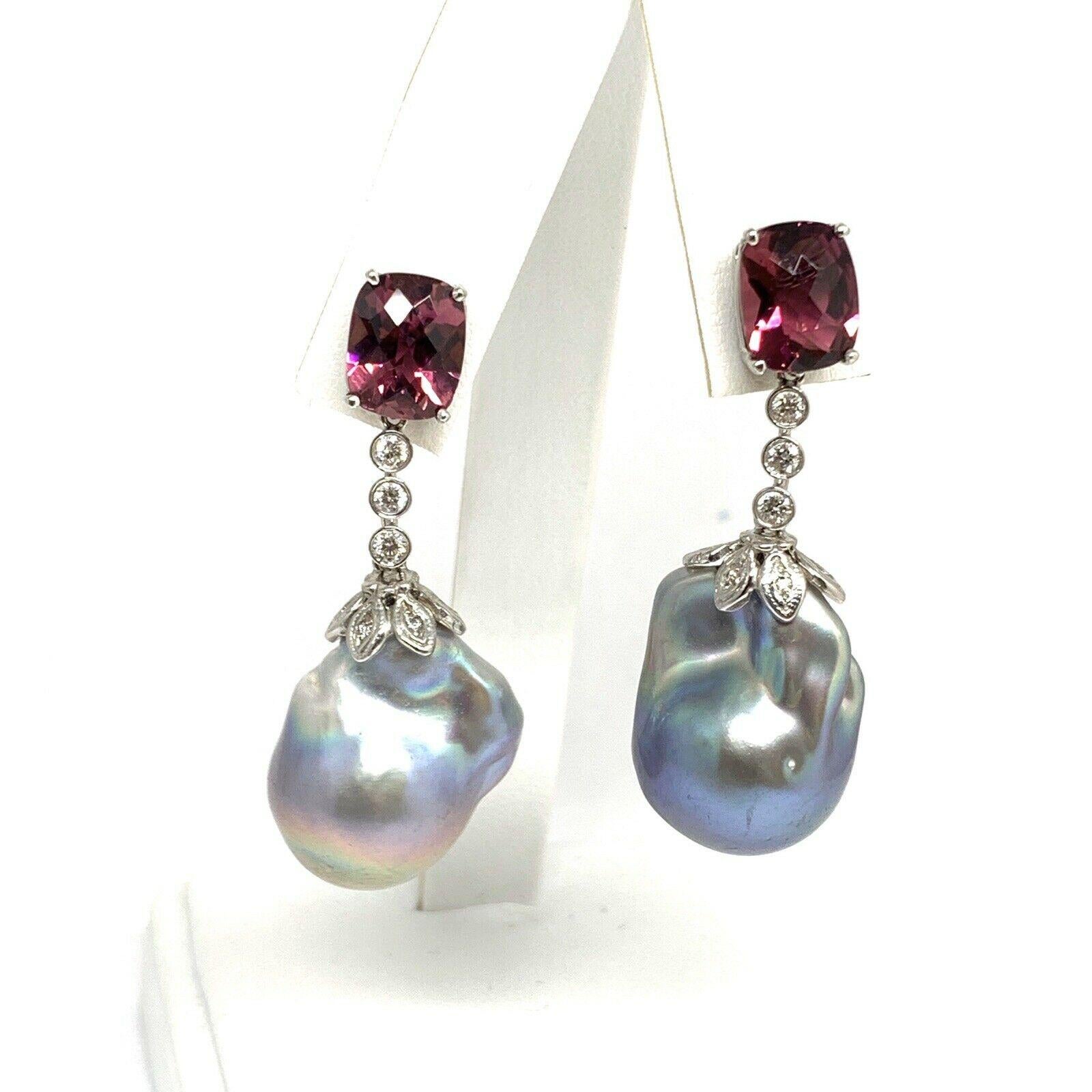 Diamond Rubellite Tourmaline Pearl Earrings 18k Gold 6.25 TCW Certified For Sale 1