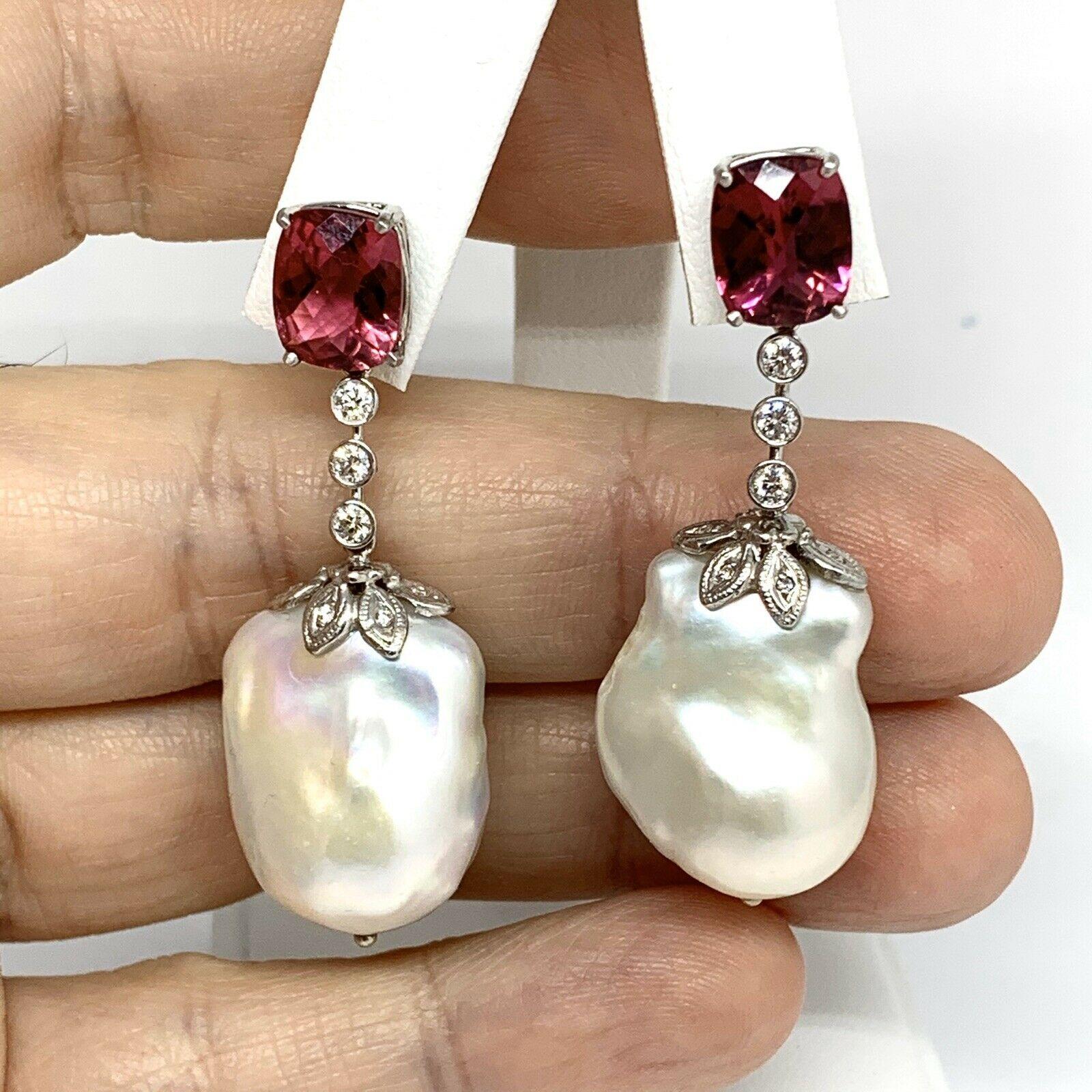 Diamond Rubellite Tourmaline Pearl Earrings 18k Gold 6.25 TCW Certified For Sale 2