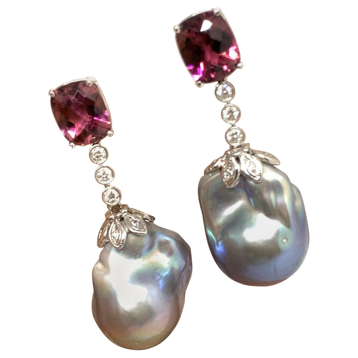 Diamond Rubellite Tourmaline Pearl Earrings 18k Gold 6.25 TCW Certified
