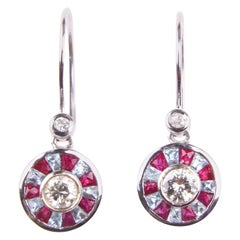 Vintage Diamond, Rubies and Aquamarines Set in White Gold, Stunning Earrings