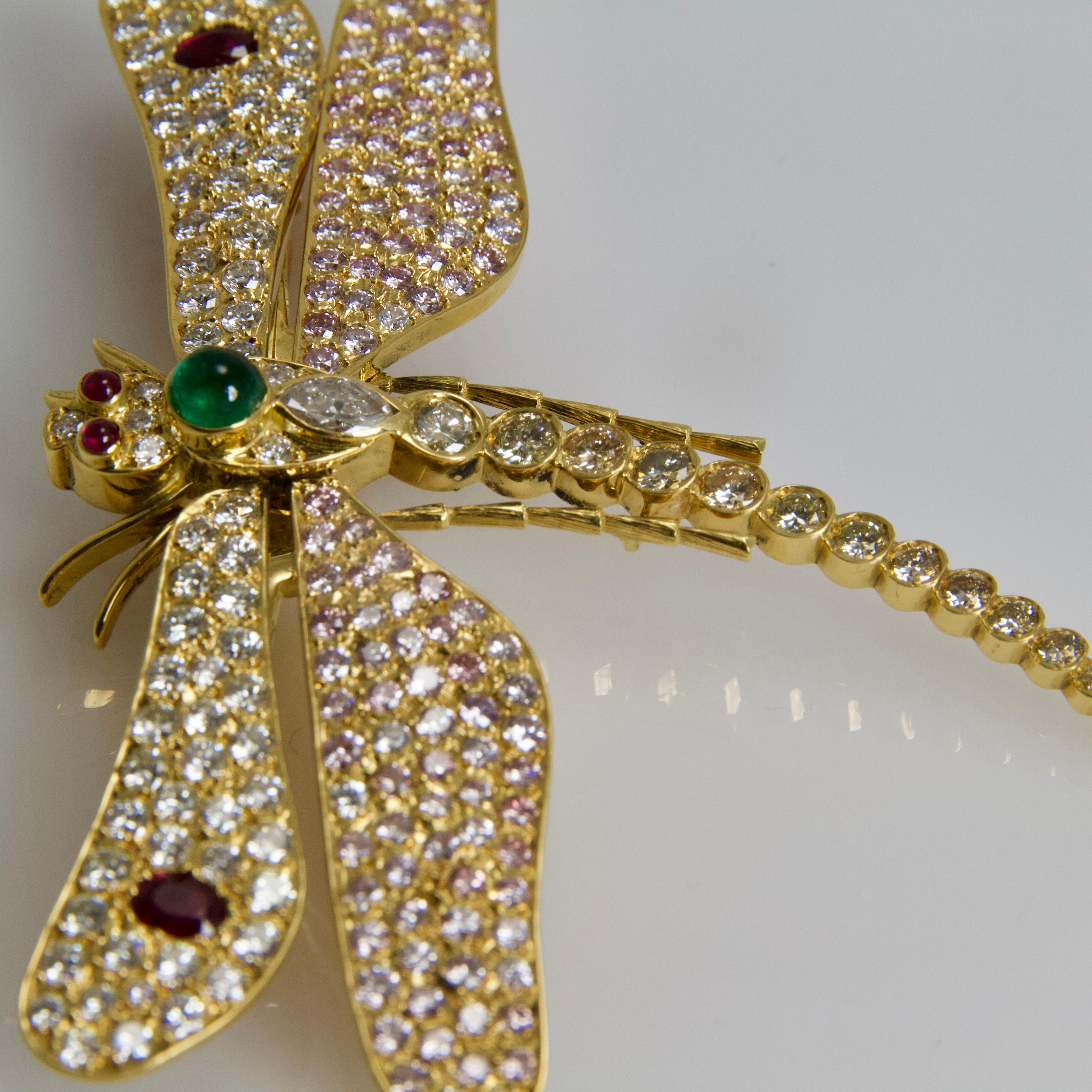 Romantic Diamond Rubies Emerald Pink Sapphires Dragonfly Brooch For Sale