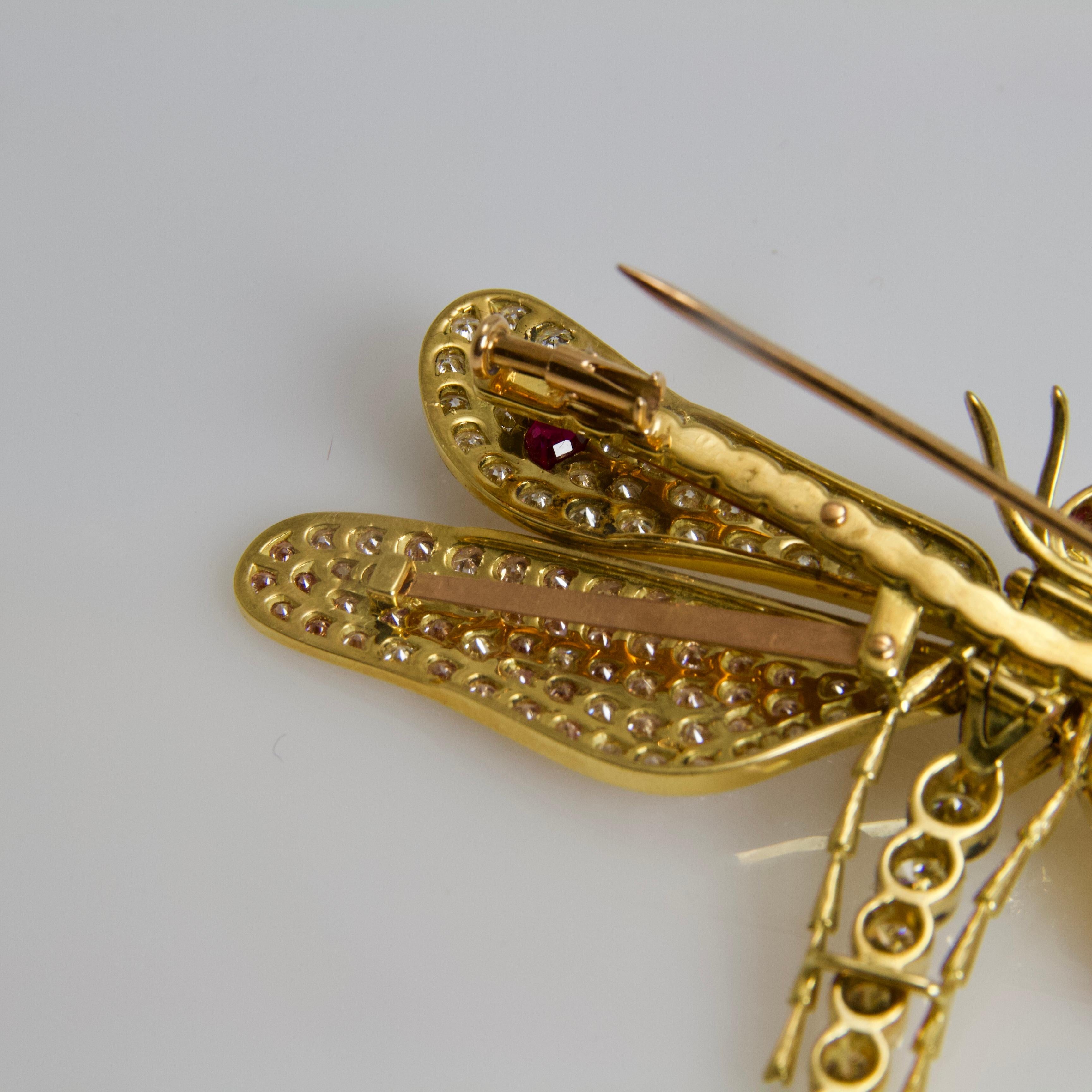 Women's or Men's Diamond Rubies Emerald Pink Sapphires Dragonfly Brooch For Sale