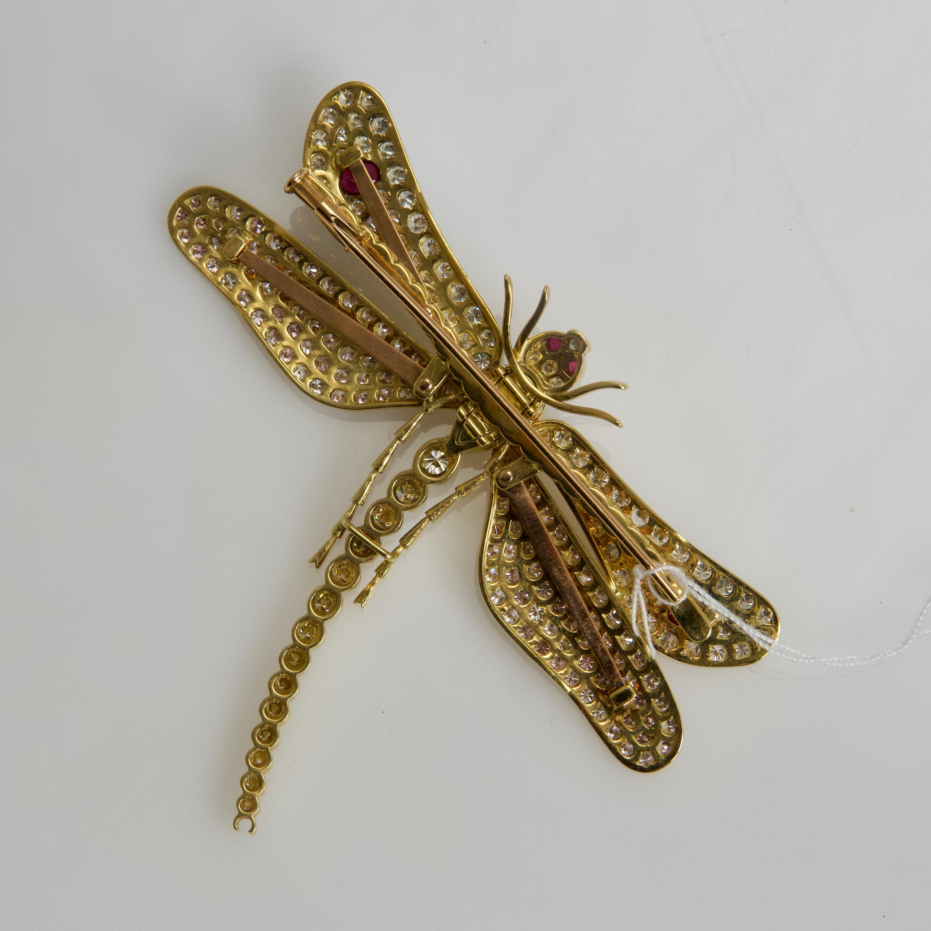 Diamond Rubies Emerald Pink Sapphires Dragonfly Brooch For Sale 3