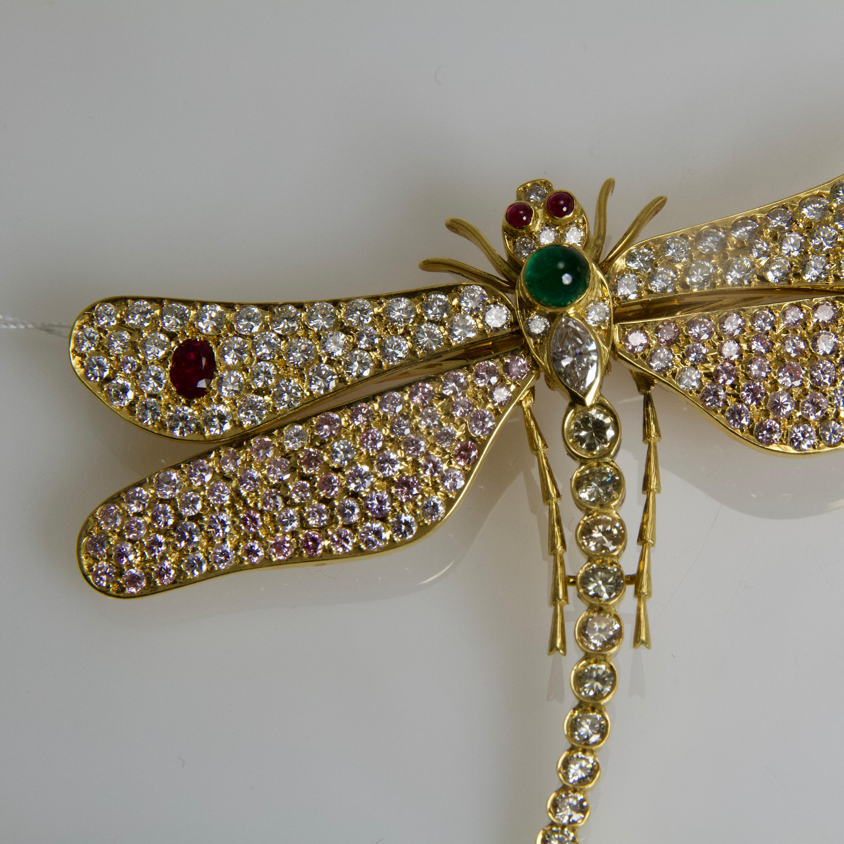 Diamond Rubies Emerald Pink Sapphires Dragonfly Brooch For Sale 4