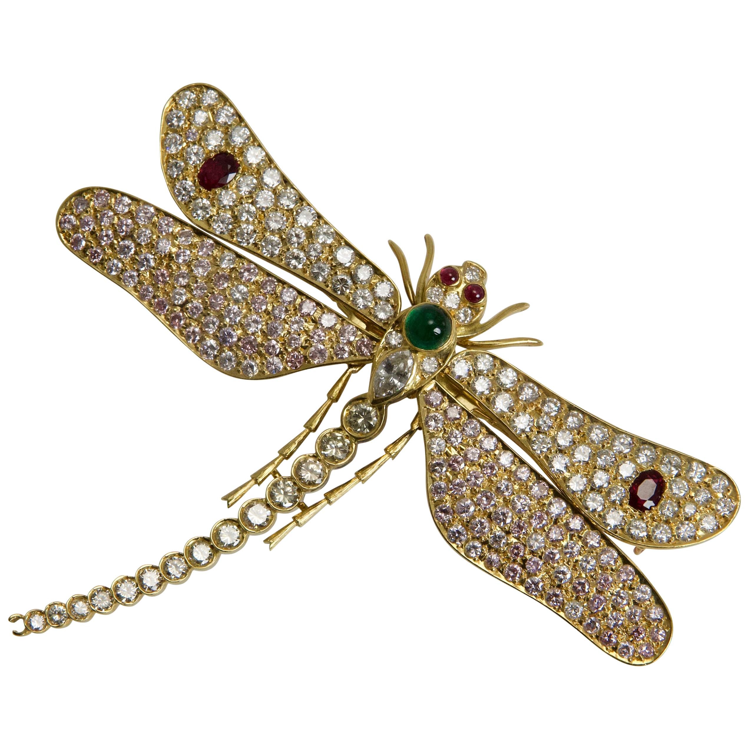 Diamond Rubies Emerald Pink Sapphires Dragonfly Brooch For Sale