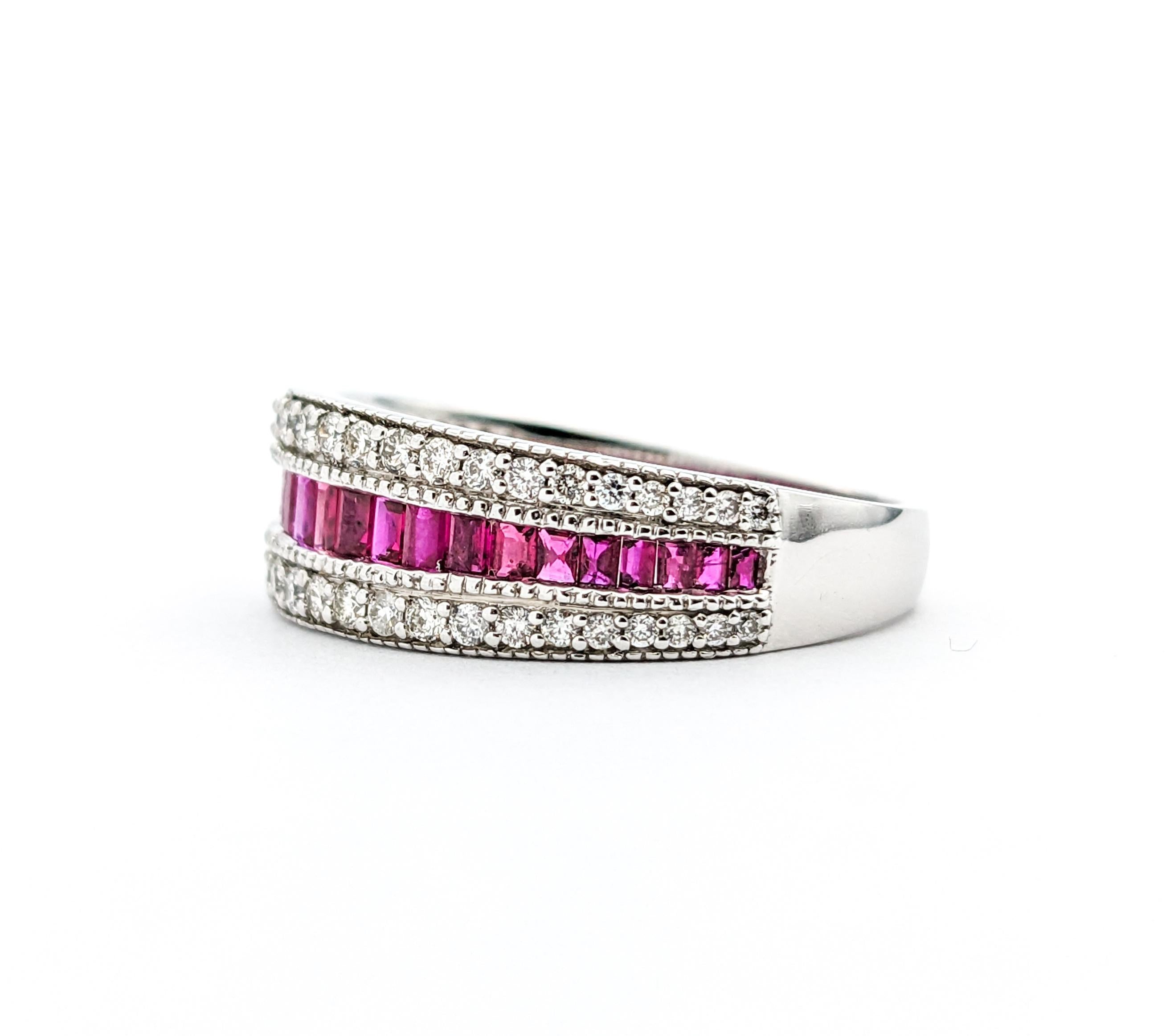 Round Cut Diamond & Channel Set Ruby Ring In White Gold For Sale