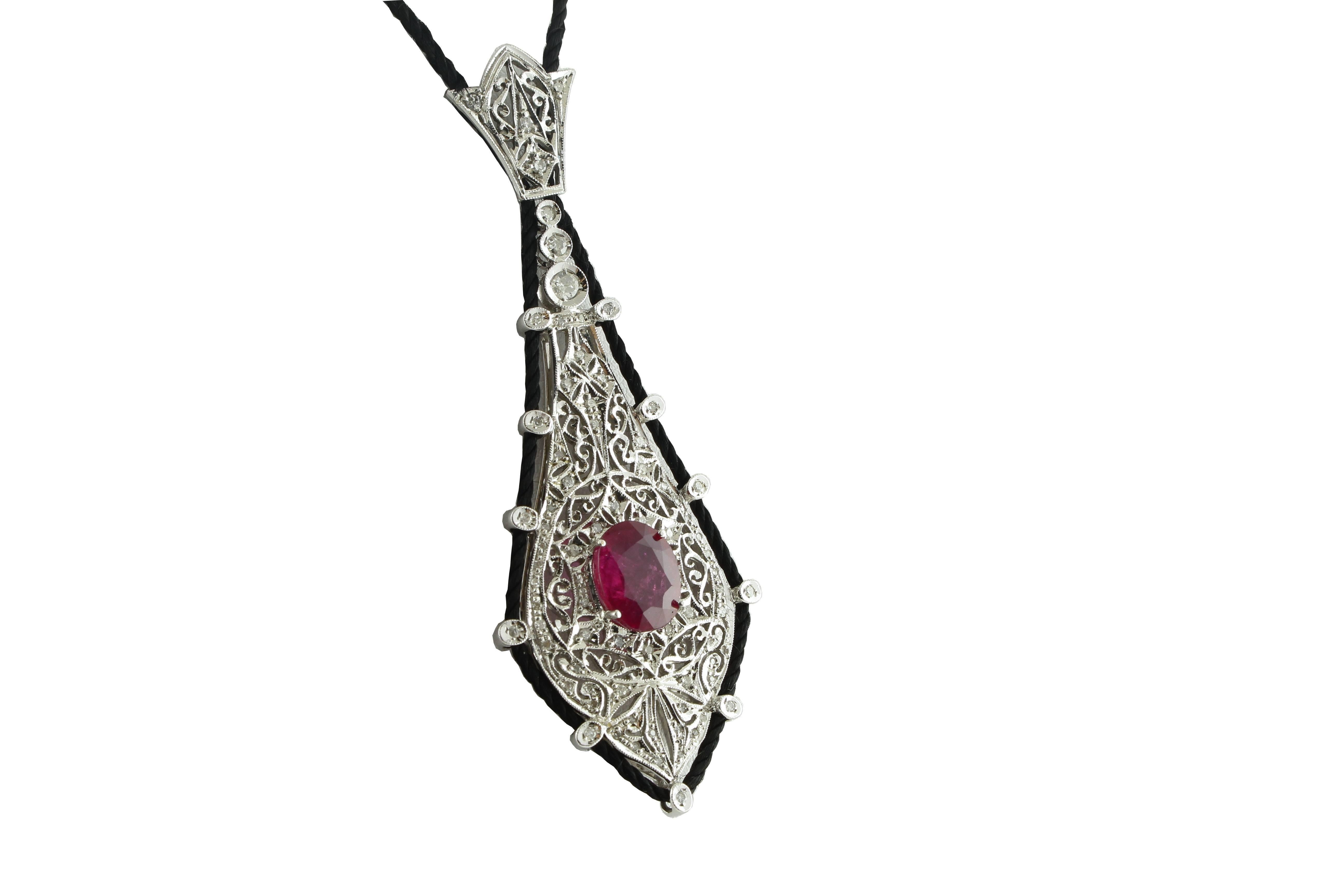 Brilliant Cut Diamond Ruby and Drawstring Gold Necklace