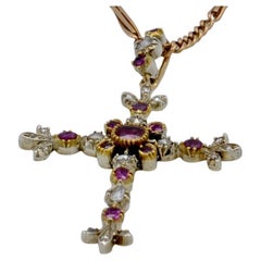 Diamond, Ruby, 14 Karat Gold and Sterling Silver Cross