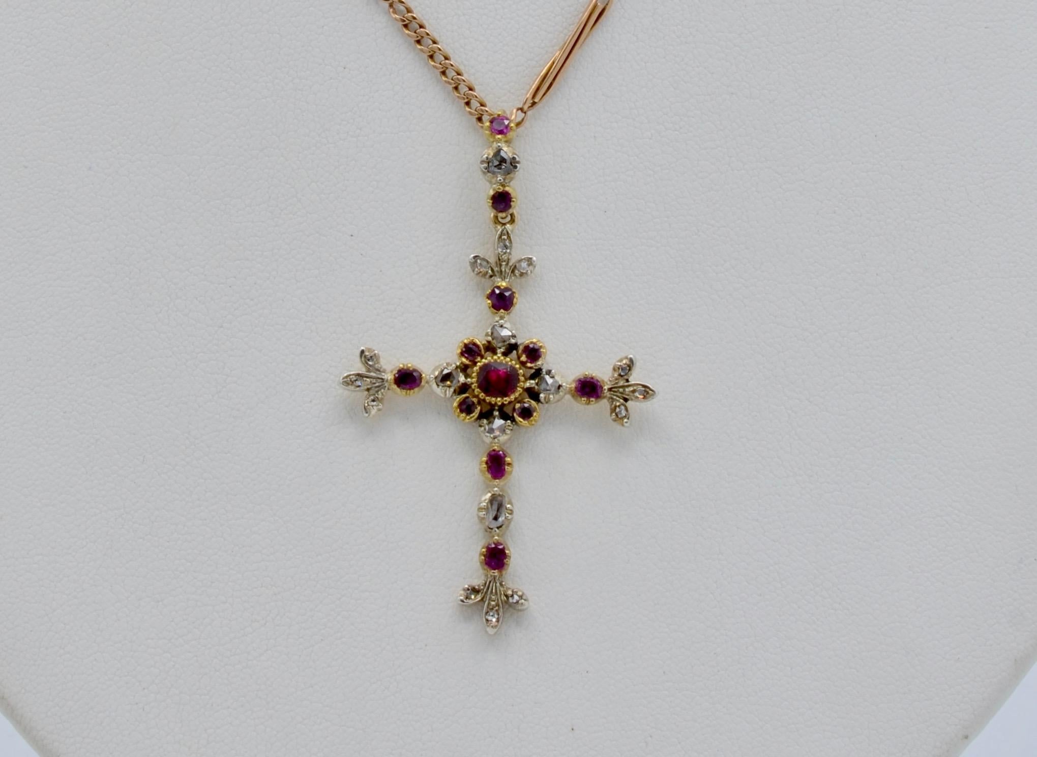 Diamond, Ruby, 14 Karat Gold and Sterling Silver Cross For Sale