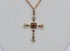 Antique Diamond, Ruby, 14 Karat Gold and Sterling Silver Cross