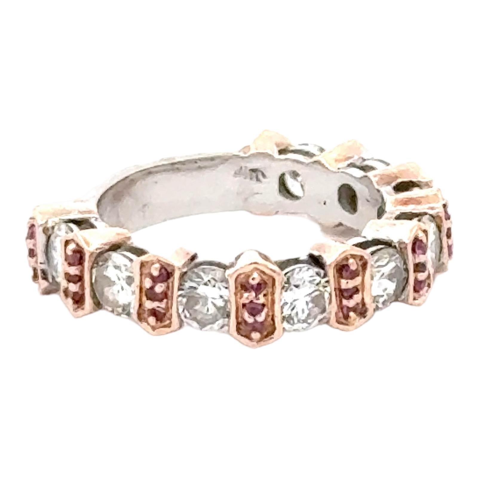 Diamond & Ruby 14 Karat Two Tone Gold Wedding Band Stackable Ring For Sale 1