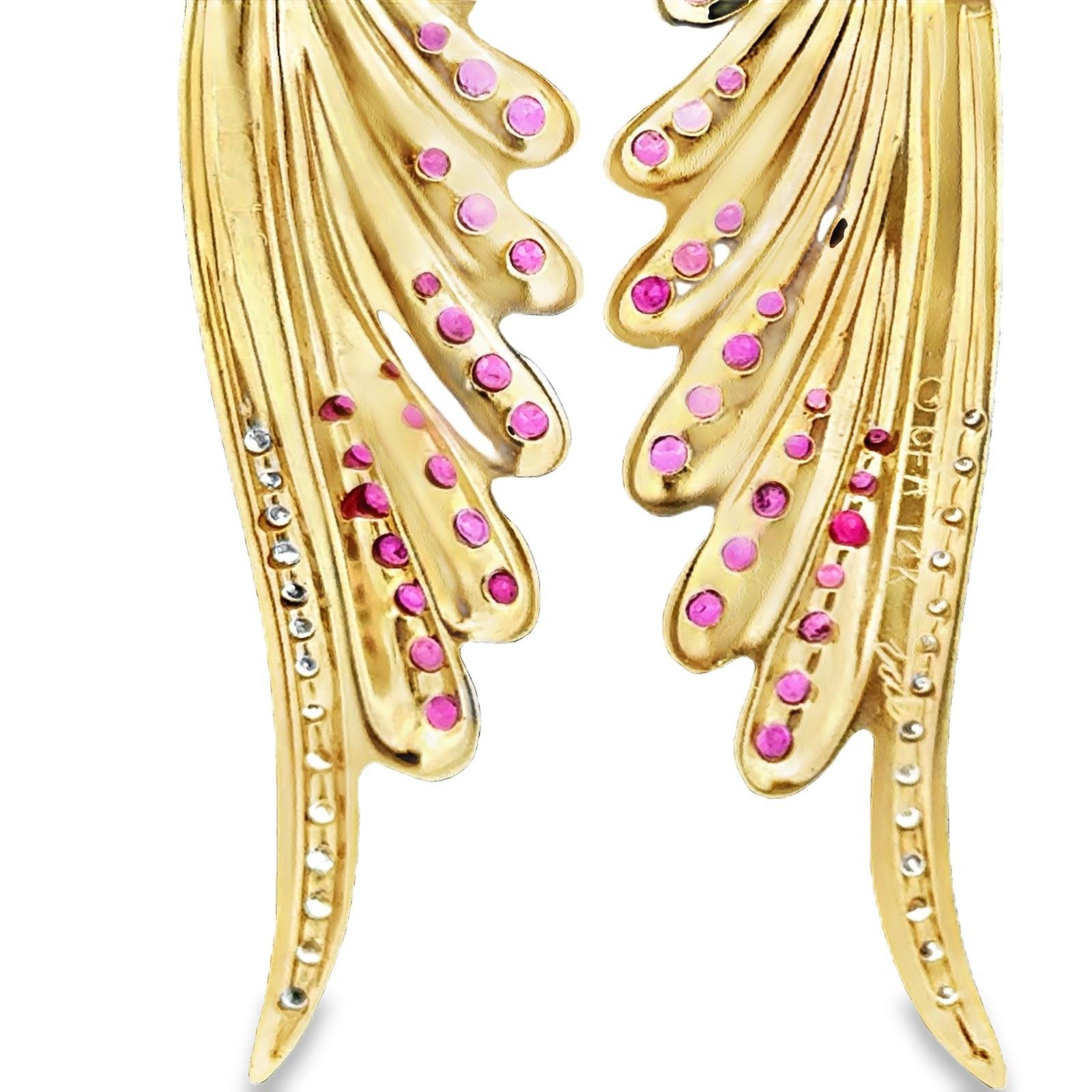 Diamant-Rubin-Ohrringe aus 14 Karat Gelbgold Zeitgenössische Tropfenohrringe Signiert Erté im Angebot 2