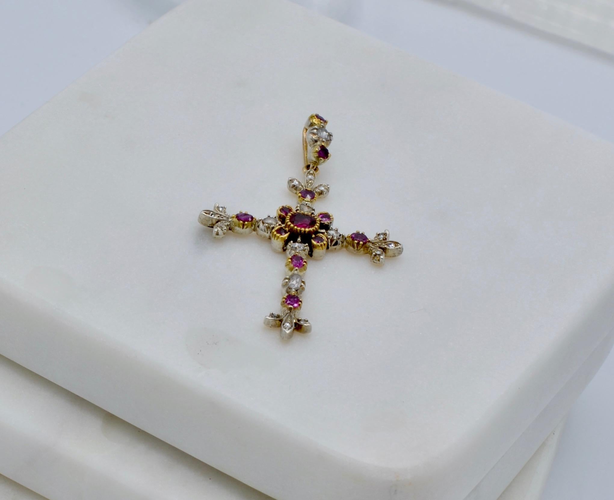 Late Victorian Diamond, Ruby, 14 Karat Gold and Sterling Silver Cross For Sale