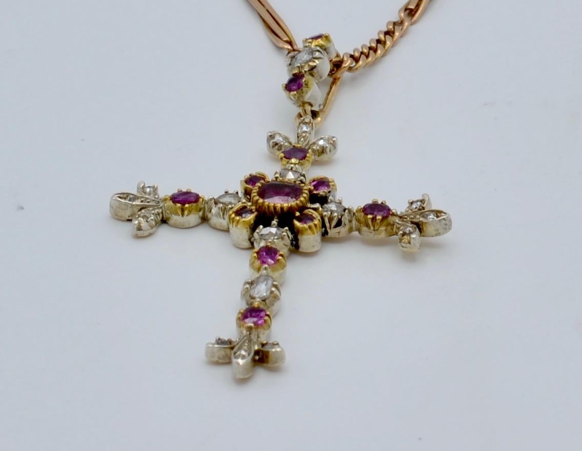 Diamond, Ruby, 14 Karat Gold and Sterling Silver Cross In Excellent Condition For Sale In Berkeley, CA