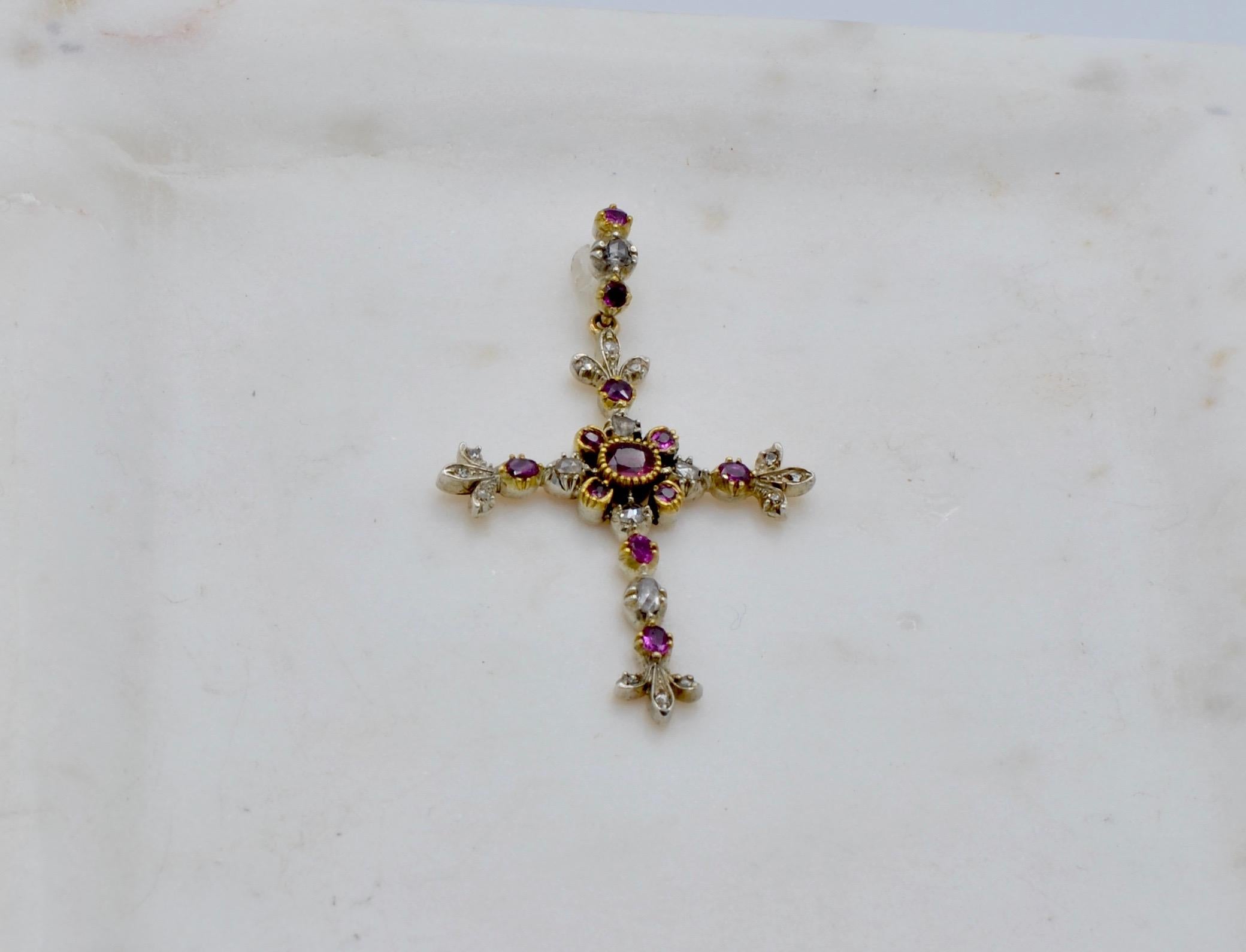 Women's or Men's Diamond, Ruby, 14 Karat Gold and Sterling Silver Cross For Sale