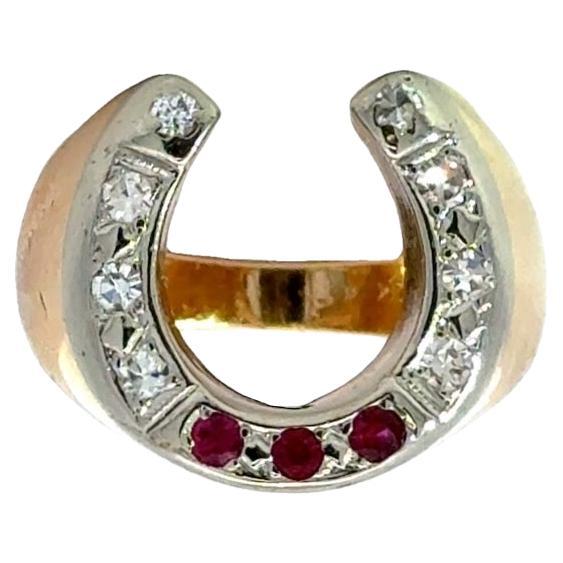 Anello vintage con diamante e rubino a ferro di cavallo in oro 14K