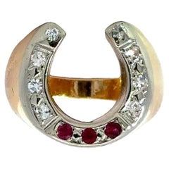 Bague Vintage en or 14K avec diamant et rubis en forme de fer à cheval