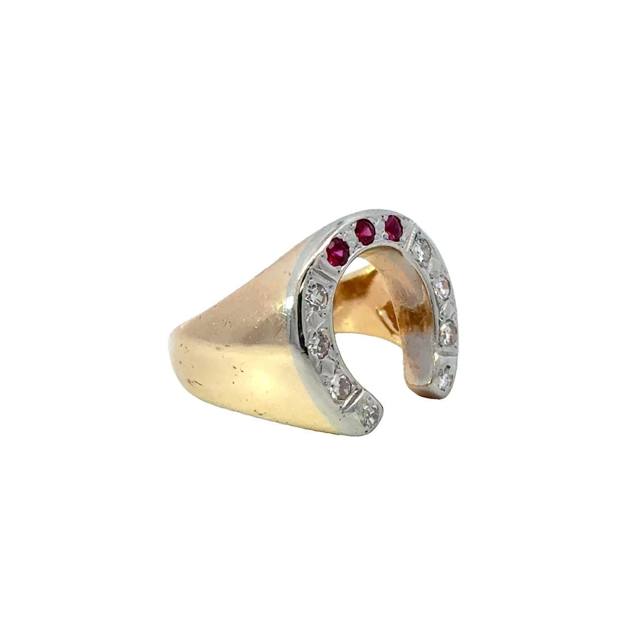 Women's or Men's Diamond & Ruby 14K Gold Vintage Horseshoe Ring For Sale