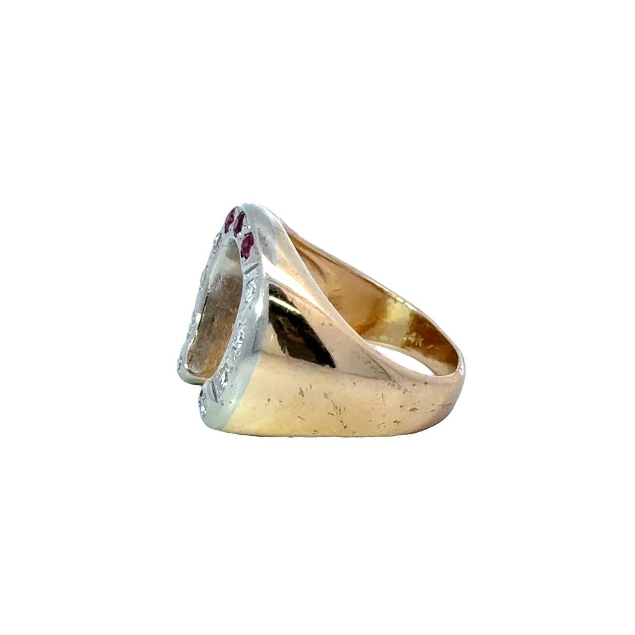 Diamond & Ruby 14K Gold Vintage Horseshoe Ring For Sale 2