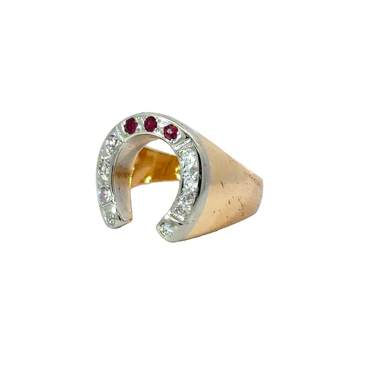 Diamond & Ruby 14K Gold Vintage Horseshoe Ring For Sale 3