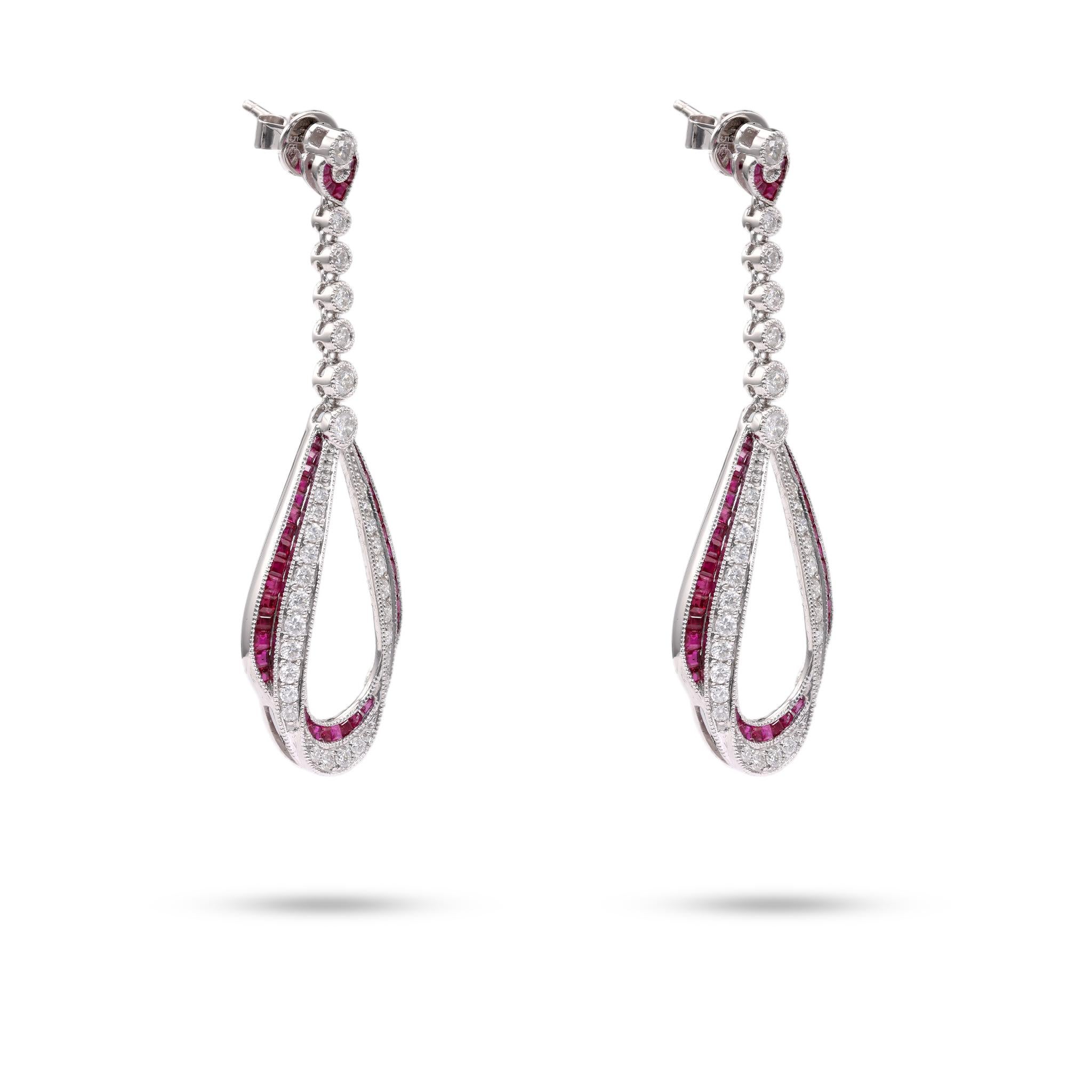 Diamond Ruby 14k White Gold Dangle Earrings In Excellent Condition For Sale In Beverly Hills, CA