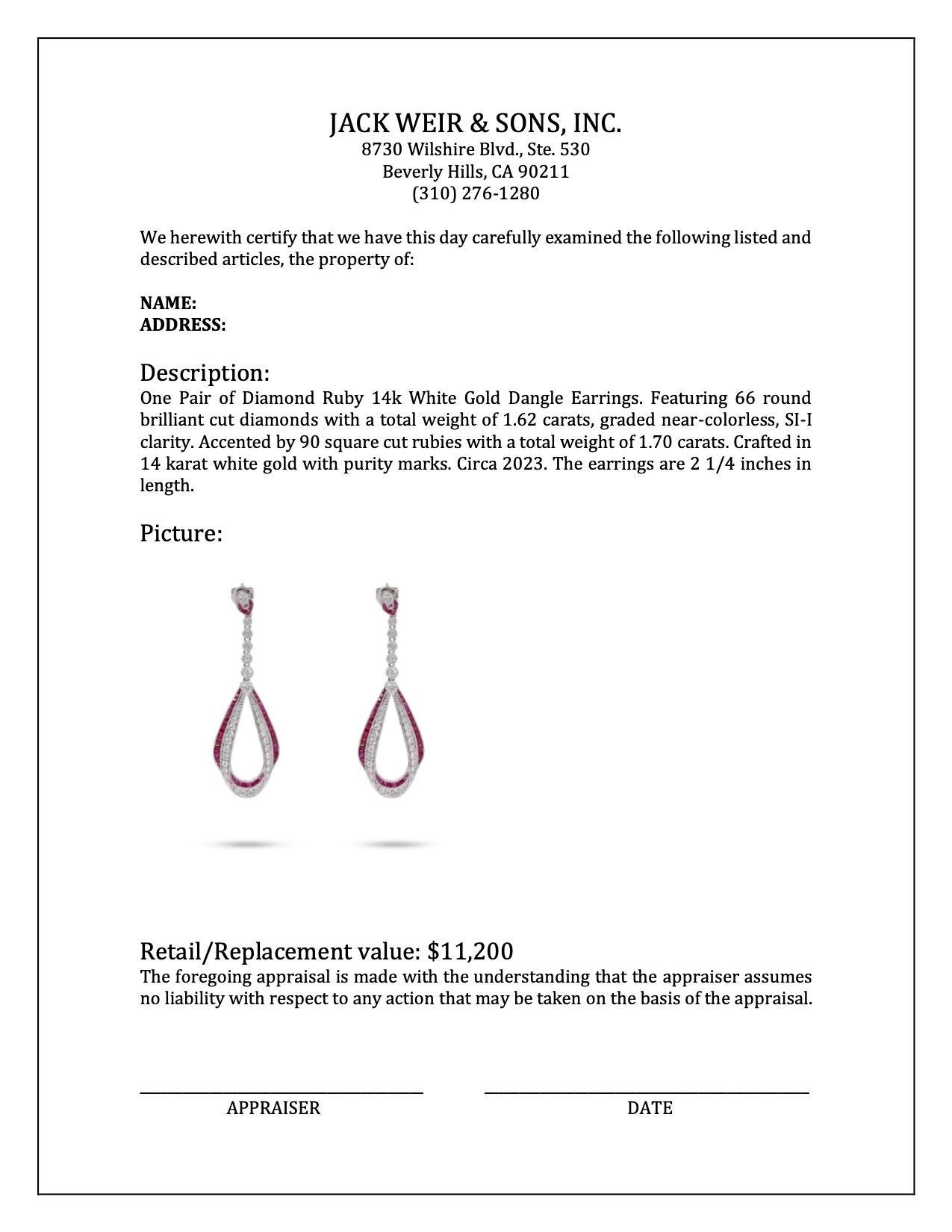 Women's or Men's Diamond Ruby 14k White Gold Dangle Earrings For Sale
