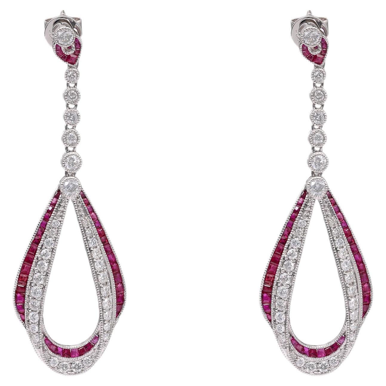 Diamond Ruby 14k White Gold Dangle Earrings For Sale