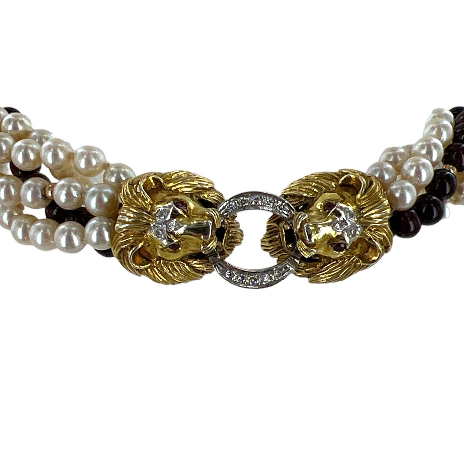 Contemporary Diamond Ruby 14K Yellow Gold Lions Head Clasp Pearl Garnet Multistrand Necklace