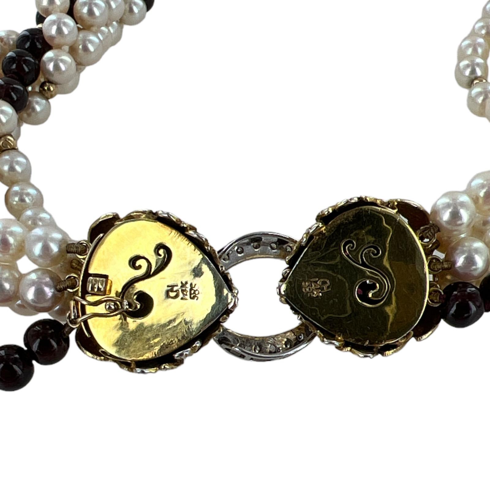 Bead Diamond Ruby 14K Yellow Gold Lions Head Clasp Pearl Garnet Multistrand Necklace