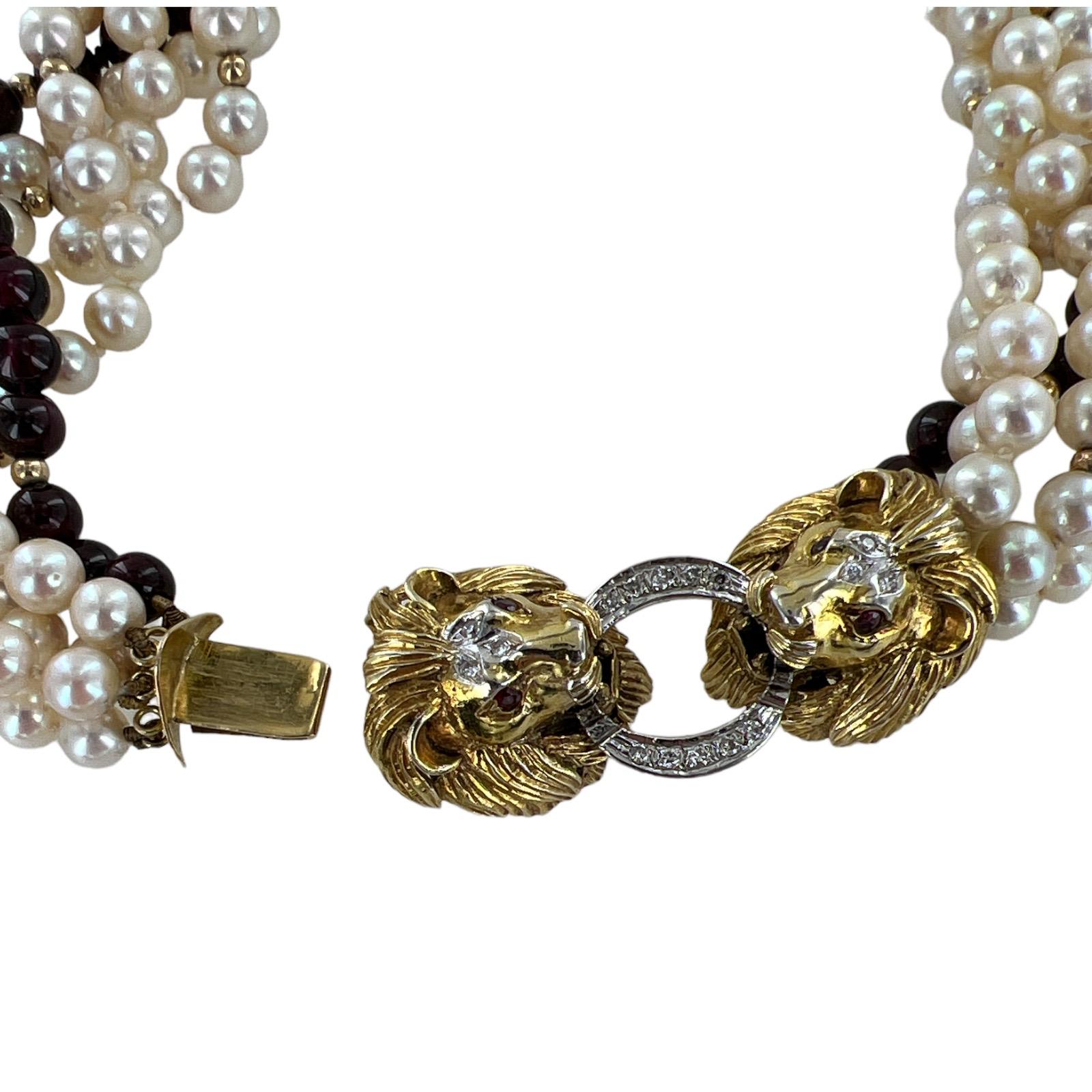 Diamond Ruby 14K Yellow Gold Lions Head Clasp Pearl Garnet Multistrand Necklace In Excellent Condition In Boca Raton, FL