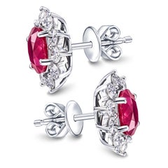 Diamond Ruby 1.50 Cluster Earrings Round Oval Studs Modern 18 Karat White Gold