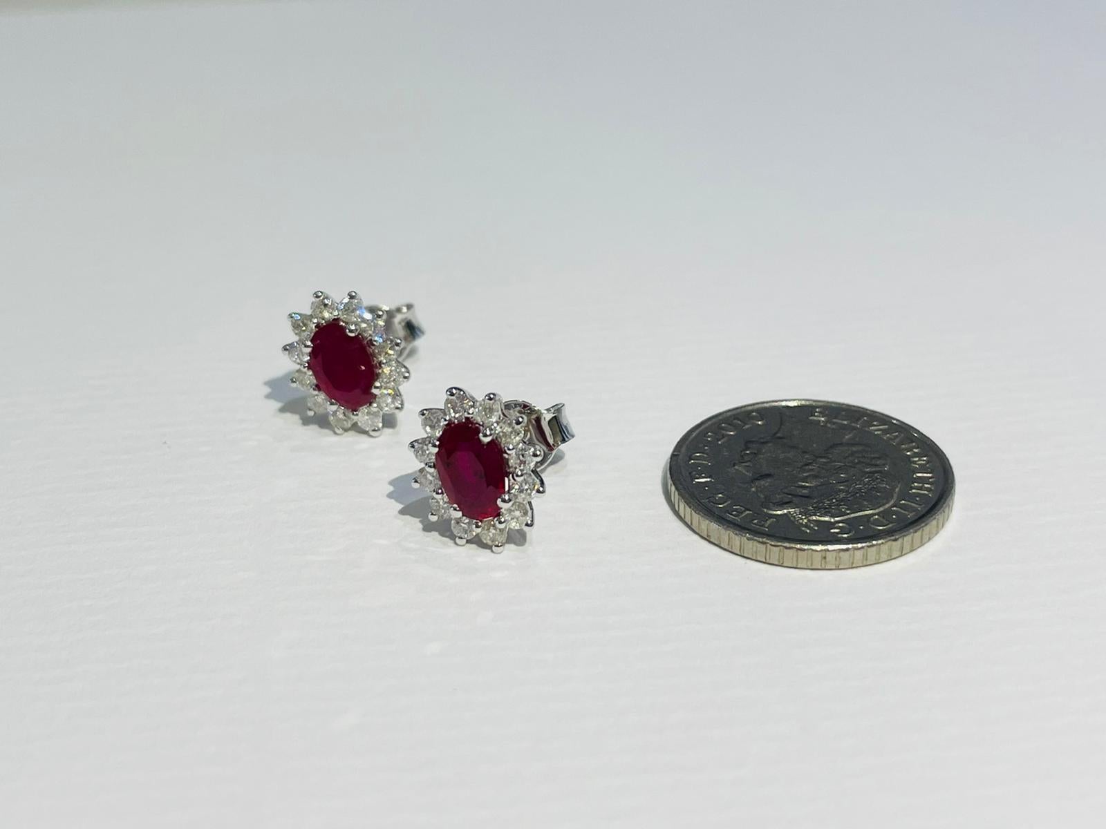 Diamond Ruby 1.66ct Cluster Earrings Round Oval Studs Modern 18 Karat White Gold For Sale 3