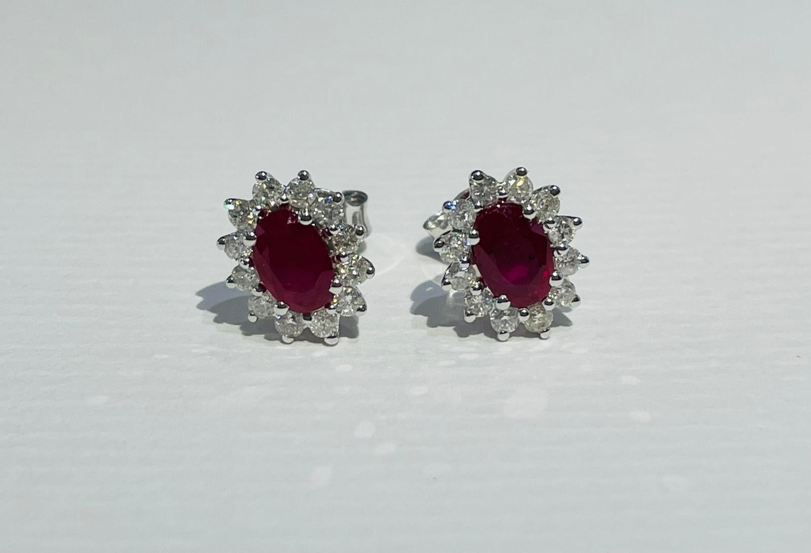 Diamond Ruby 1.66ct Cluster Earrings Round Oval Studs Modern 18 Karat White Gold For Sale 5