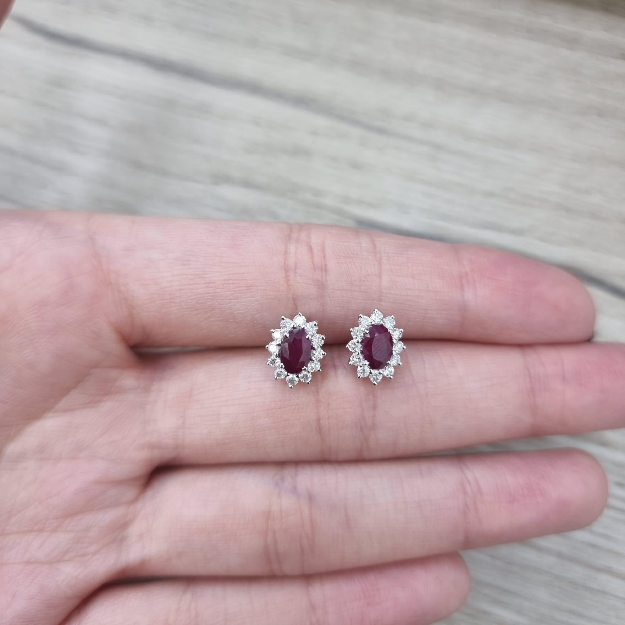 Diamond Ruby 1.66ct Cluster Earrings Round Oval Studs Modern 18 Karat White Gold For Sale 7