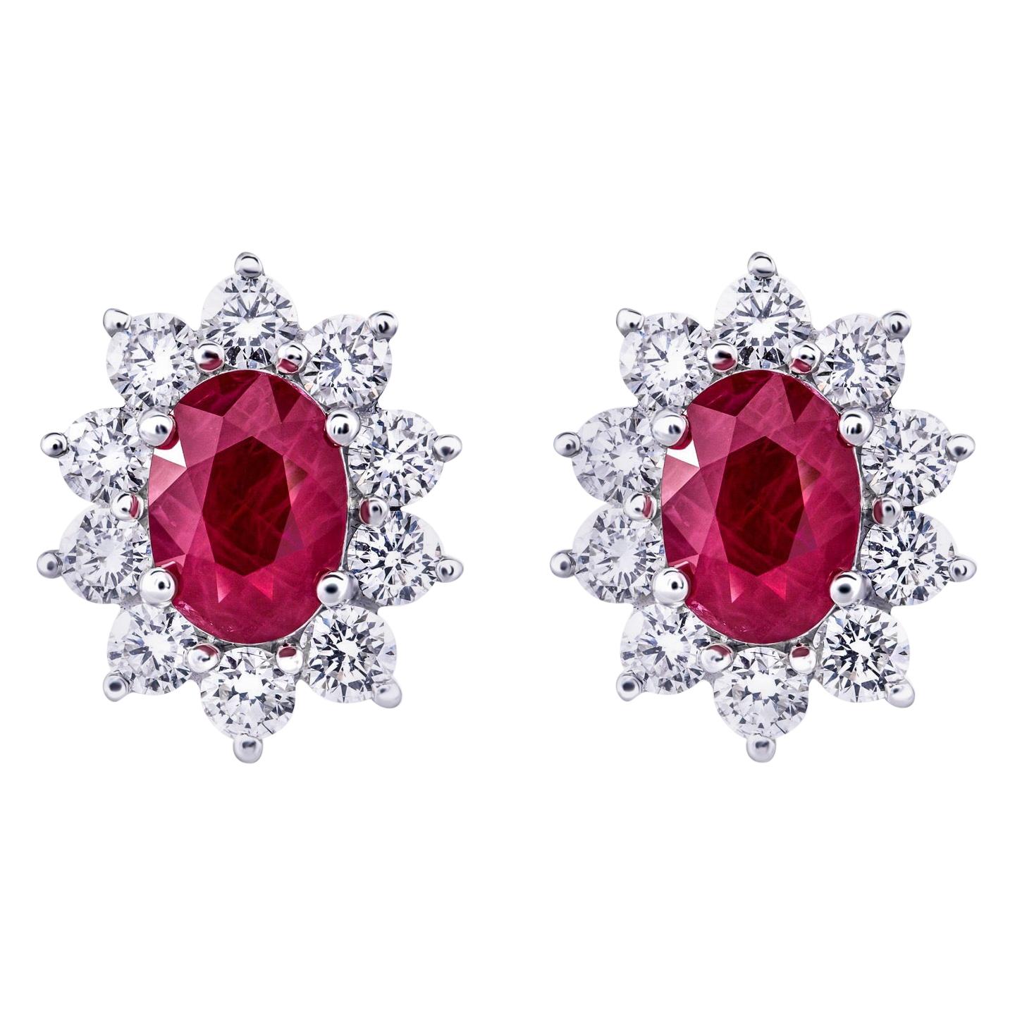 Oval Cut Diamond Ruby 1.66ct Cluster Earrings Round Oval Studs Modern 18 Karat White Gold For Sale